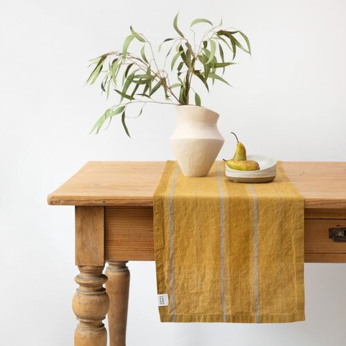 Linen Tales Lanen namizni tekač 200x200 cm Amber Bronze Stripes – Cene