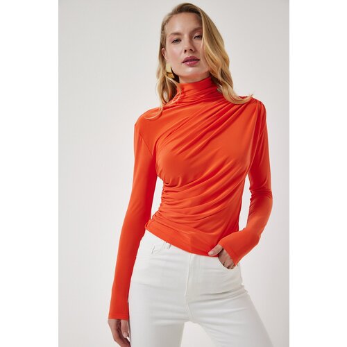  Women&amp;#039;s Orange Gathered Detailed High Neck Sandy Blouse Slike