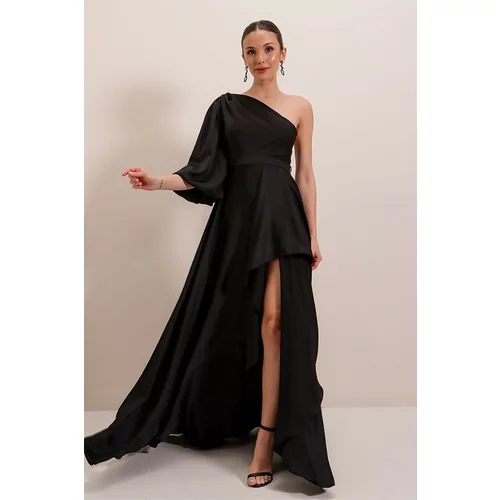 By Saygı One-Sleeved Crepe Satin Long Dress with Ruffle Front and Lined Black