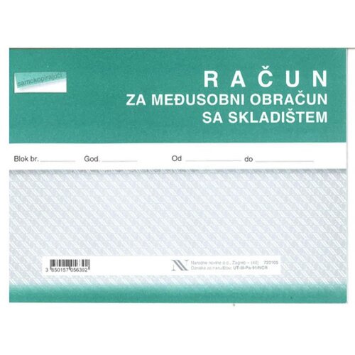 NARODNE NOVINE-UT III-PA-91/NCR RAČUN ZA MEĐUSOBNI OBRAČUN SA SKLADI&Scaron;TEM Blok 4 x 50 listova, 20,5 x 14,5 cm Cijene
