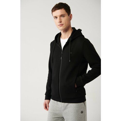 Avva Black Unisex Sweatshirt Hooded Flexible Soft Texture Interlock Fabric Zippered Standard Fit Normal Ke Slike