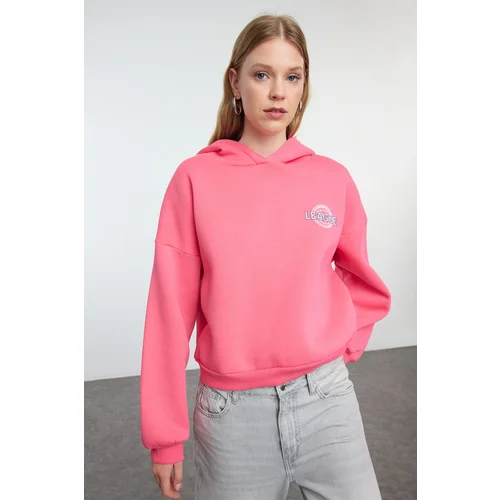 Trendyol Pink Back Print Detailed Hooded Thick Inside Fleece Knitted Sweatshirt