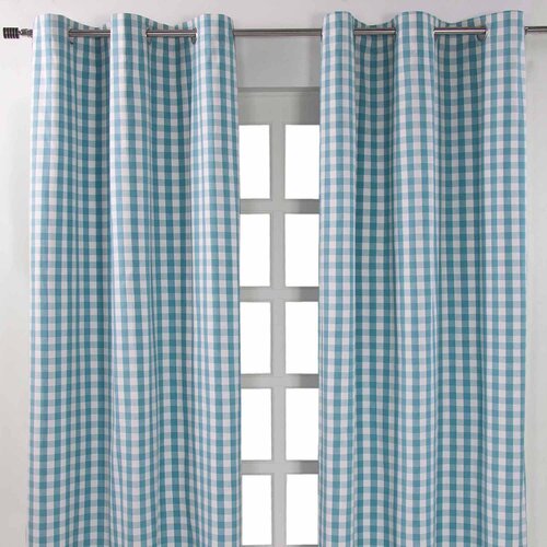 HOMESCAPES Bombažne modre blokovne gingham zavese Eyelet 117x137 cm, (20749204) Cene