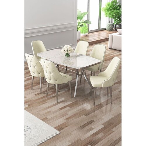 Hanah home trpezarijski set Asel, sto i 6 stolica, ploča u dekoru belog mermera, hromirane noge, krem tkanina Babyface Cene