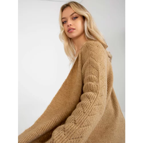 Fashion Hunters Camel maxi cardigan with openwork pattern