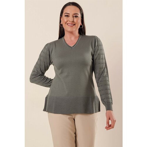 By Saygı V-neck Acrylic Sweater with Model Models with Sleeves Plus Size Plus Size Sweater in Water Green. Slike
