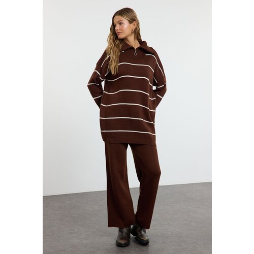 Trendyol Brown Comfortable Striped Knitwear Bottom-Top Set Slike
