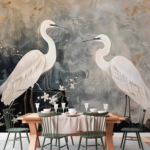  Foto tapeta - Herons and cherry blossoms - oriental-style illustration depicting birds 200x140 Standard Slike