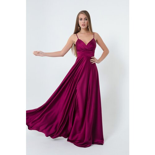 Lafaba Women&amp;#039;s Long Satin Evening &amp;amp; Prom Dress with Plum Rope Straps and Waist Belt Slike