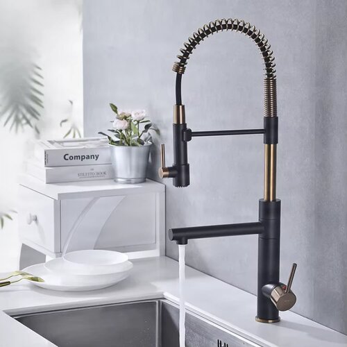 ELITE EDITION Kuhinjska armatura KFD1693 iz nerjavečega jekla 304 v mat črni izvedbi z izvlečno prho &amp;mdash; Bru&amp;scaron;eno zlato Slike