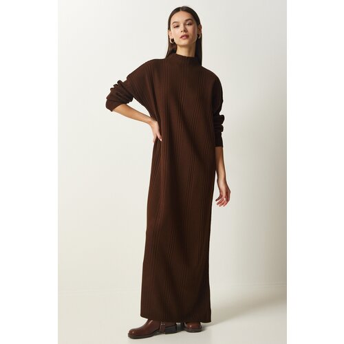 Happiness İstanbul Women's Brown High Collar Oversize Knitwear Dress Slike