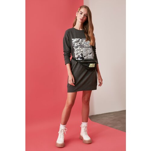 Trendyol Anthracite Printed Knitted Sweat Dress Slike