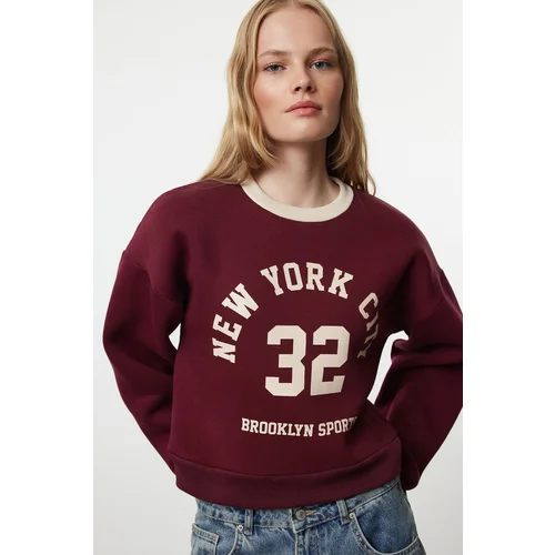 Trendyol Claret Red Color Blocked Slogan Oversize Crop Thick Inside Fleece Knitted Sweatshirt