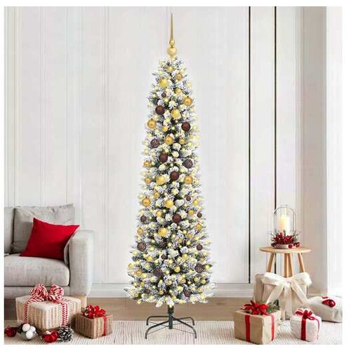 VidaXL Umjetno božićno drvce Bijela 210 cm PVC i Metal i Plastika - 210 cm s LED-ima i zlatnim/bronzanim kuglicama Bijela Slike
