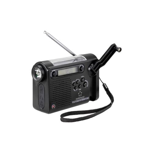 Renkforce RF-CR-200 prijenosni radio ukw, am (1018), kw mogućnost punjenja, solarni panel, ručna obrtaljka, funkcija alarma, džepna svjetiljka crna Slike