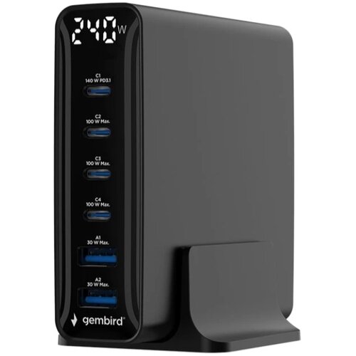 Gembird TA-UC-2A4C-PD240-01-BK 6-port 240 W GaN USB fast charger, black Cene