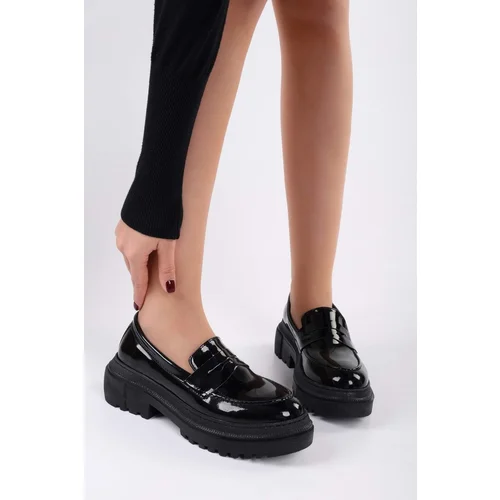 Shoeberry Women's Motto Black Patent Leather Thick Sole Loafer