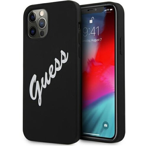 Guess GUHCP12LLSVSBW Big Logo silikonski ovitek za iPhone 12 Pro Max - črn z napisom Slike