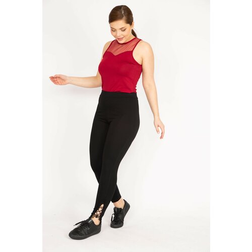 Şans Women's Black Plus Size Lace Detailed Slim-fit Tights Trousers Slike