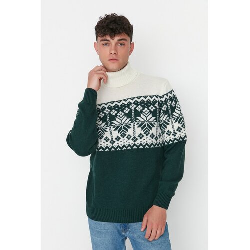 Trendyol Emerald Green Men's Slim Fit Turtleneck Jacquard Paneled Knitwear Sweater Slike