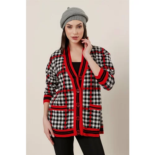 By Saygı Checked Patterned Acrylic Cardigan with Pockets Red