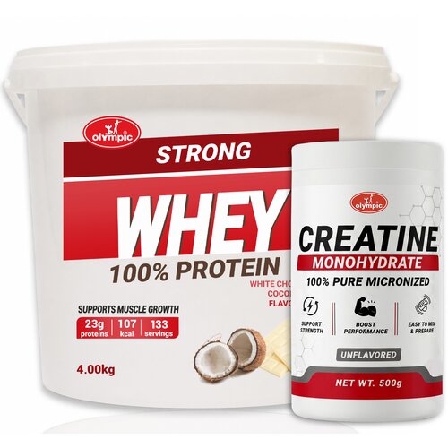 Olympic Strong 100% Whey Protein Bela čokolada i Kokos 4kg + Creatine Monohydrate 500g Cene
