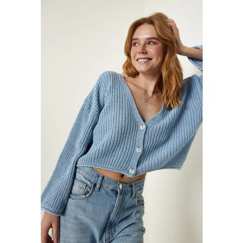 Happiness İstanbul Women's Sky Blue V-Neck Seasonal Crop Knitwear Cardigan