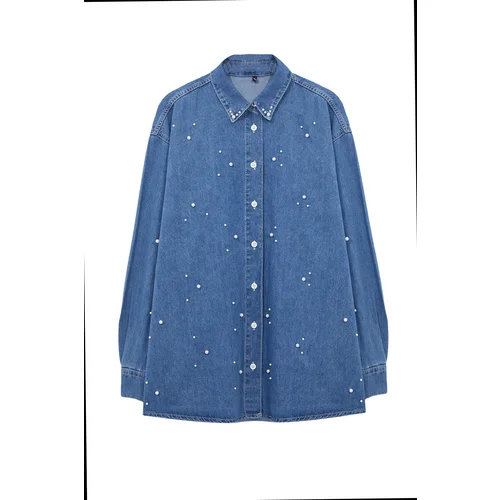 Trendyol Blue Pearl Stone Detailed Denim Shirt