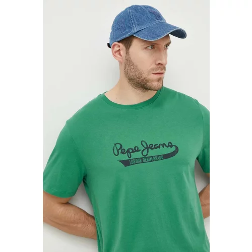 PepeJeans Pamučna majica za muškarce, boja: zelena, s tiskom