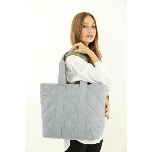 Madamra Light Gray Women's Quilted Pattern Puffy Bag Slike