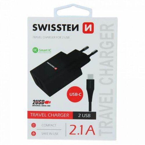 Swissten TELEFON KUĆNI PUNJAČ 2xUSB 2.1A SMART IC CRNI + USB-C Cene