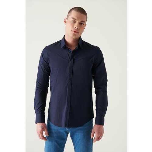 Avva Men's Navy Blue 100% Cotton Classic Collar Slim Fit Slim Fit Satin Shirt Slike