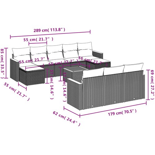  11-dijelni set vrtnih sofa od poliratana s jastucima crni Crna 61 x 62 x 69 cm Slike