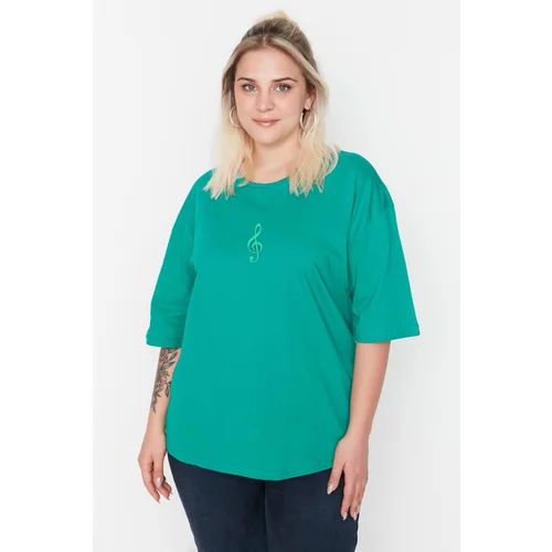 Trendyol Curve Green Wide Fit Embroidered Knitted T-Shirt