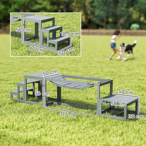  Set za agility za pse 3-dijelni set opreme za agility s mostom stepenicama platformom jelovim drvom 117 x 50 x 56 cm siva Slike