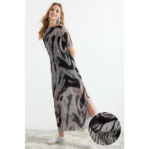 Trendyol Black Pleated Printed Shift/Plain Knitted Dress