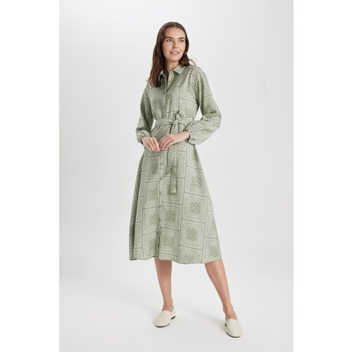 Defacto shirt Collar Patterned Aerobin Long Sleeve Belted Midi Dress Cene