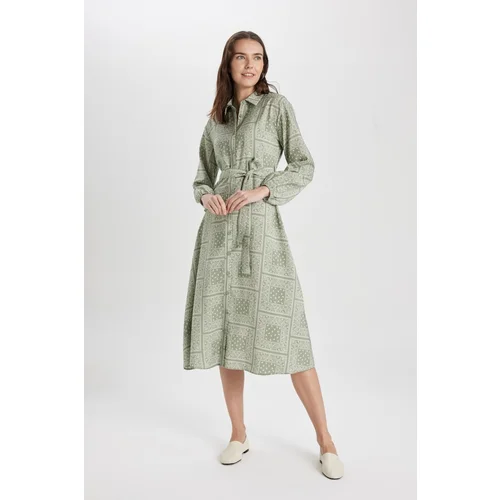 Defacto Shirt Collar Patterned Aerobin Long Sleeve Belted Midi Dress