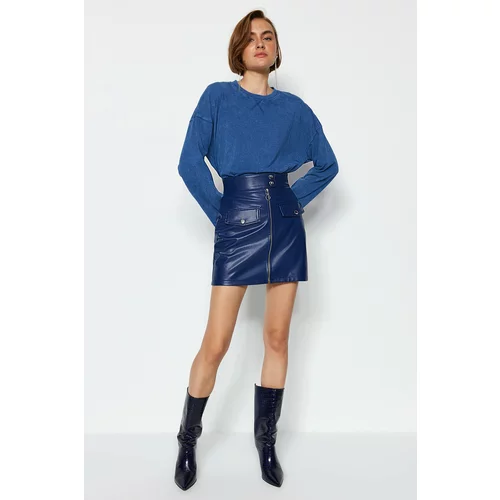 Trendyol Indigo Belt and Zipper Detail Faux Leather Mini-Weave Mini Skirt