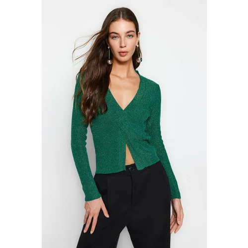 Trendyol Emerald Green Soft Textured Glittery Slit Detailed Knitwear Sweater