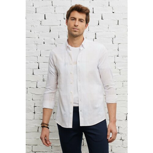 AC&Co / Altınyıldız Classics Men's Beige-white Slim Fit Slim Fit Buttoned Collar 100% Cotton Striped Shirt Cene