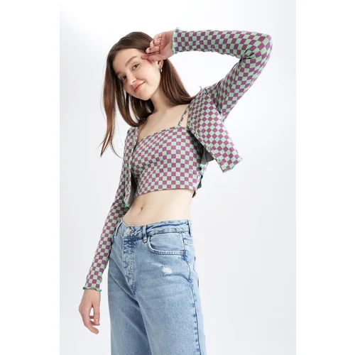 Defacto Slim Fit Checkered Pattern V Neck Crop Cardigan