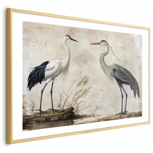  Plakat - Birds from an Old Engraving - vintage-style illustration of a heron and a crane 60x40 Zlatni okvir s margom Cene