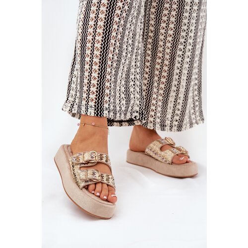 Boto Women's Platform Sandals With Buckles And Weaving Khaki Limme Cene