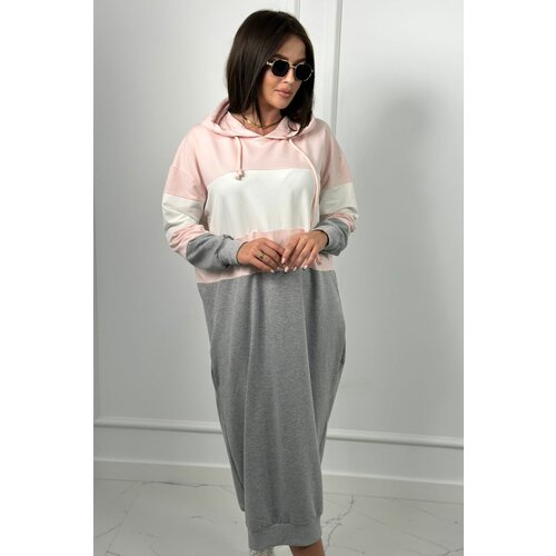 Kesi Tri-Color Hooded Dress Powder Pink + Ecru + Grey Slike