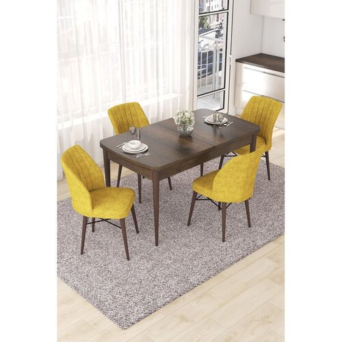 Hanah home trpezarijski set Nef, sto na razvlačenje i 4 stolice, ploča u dekoru drveta Baroque, senf žuta tkanina Jerry Cene