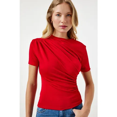  Women's Red Gathered Detailed Viscose Blouse