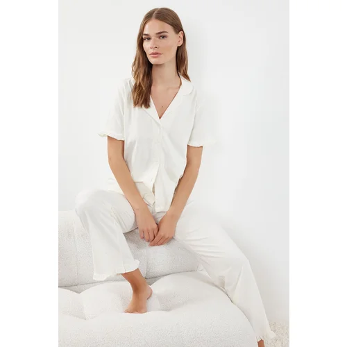 Trendyol Ecru 100% Cotton Solid Ruffle Single Jersey Knitted Pajama Set