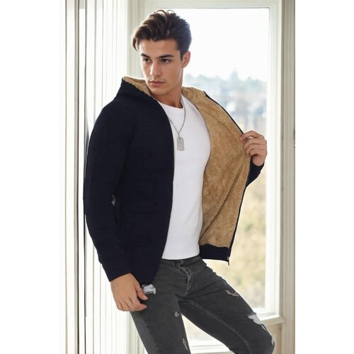 Dewberry 14455 Furry Hooded Mens Sports Slim Fit Cardigan-NAVY Slike