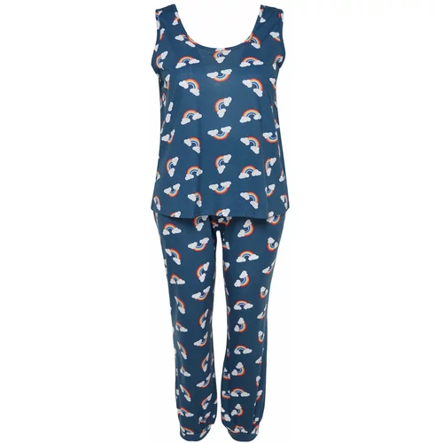 Trendyol Curve Navy Blue Rainbow Patterned Knitted Pajamas Set